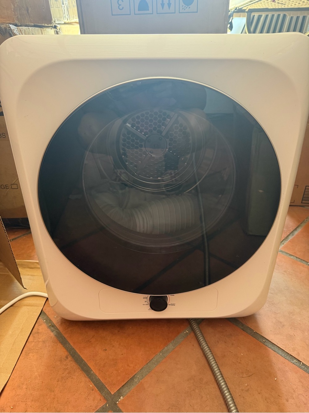 Compact White Portable Dryer with Dark Glass Door